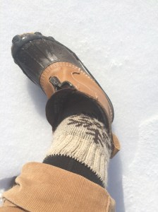 Wool socks and long johns worn under thick corduroys.